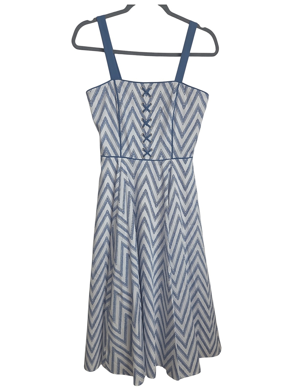 WHBM Chevron Stripe White & Blue Fit & Flare Midi Dress Size 0